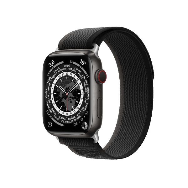 Refurbished Apple Watch Serie 7 | 45mm | Titan Space Schwarz | Grau/Schwartz Trail Armband | GPS | WiFi + 4G
