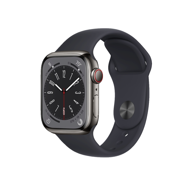 Refurbished Apple Watch Serie 8 | 41mm | Stainless Steel Graphit | Mitternachtsblaues Sportarmband | WiFi + 4G