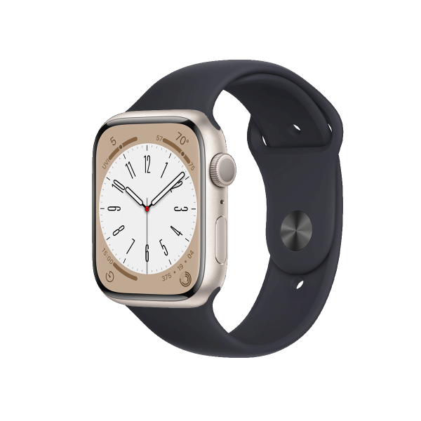 Refurbished Apple Watch Serie 8 | 45mm | Aluminium Starlight Weiß | Mitternachtsblaues Sportarmband | GPS | WiFi + 4G