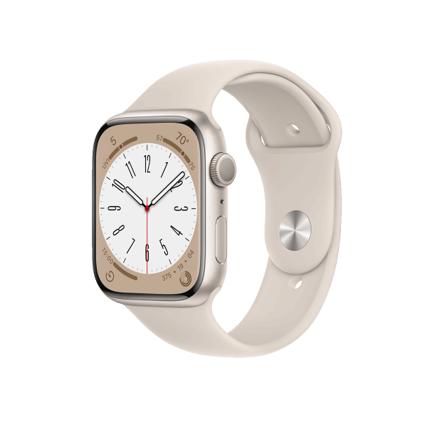 Refurbished Apple Watch Serie 8 | 45mm | Aluminium Starlight Weiß | Starlight Weißes Sportarmband | GPS | WiFi