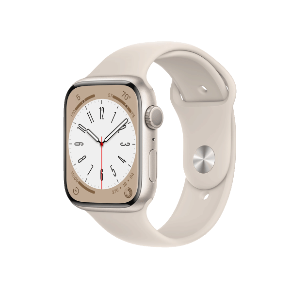 Refurbished Apple Watch Serie 8 | 45mm | Aluminium Silber | Starlight Weißes Sportarmband | GPS | WiFi
