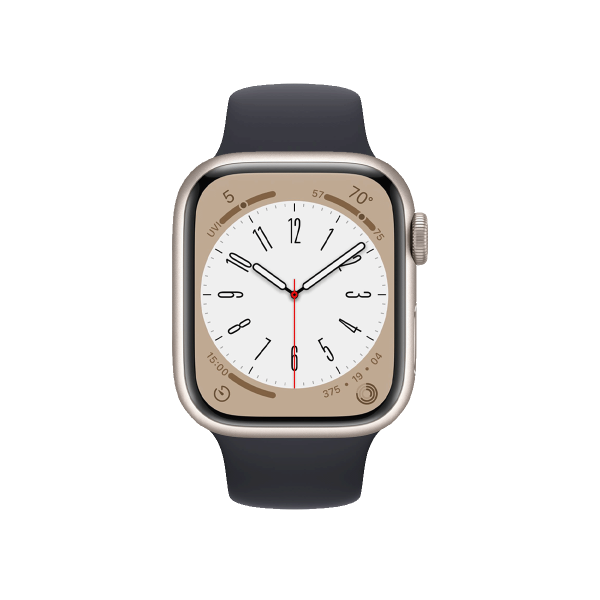 Refurbished Apple Watch Serie 8 | 41mm | Aluminium Starlight Weiß | Schwarzes Sportarmband | GPS | WiFi