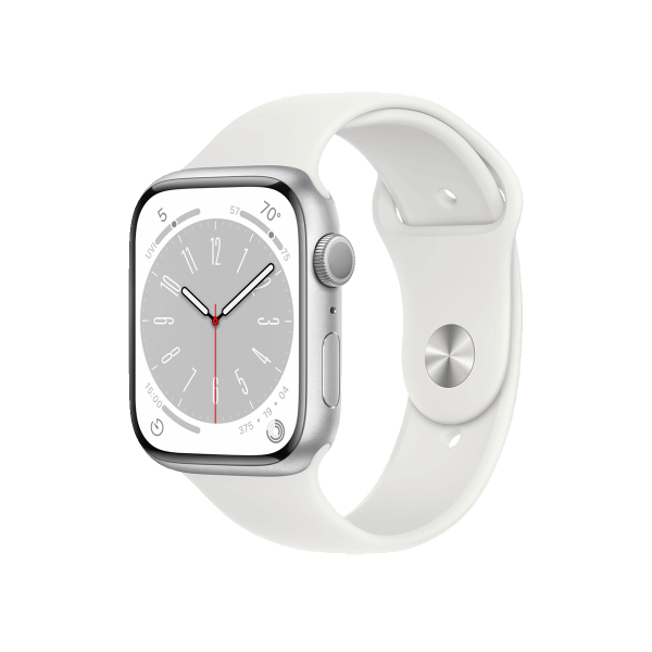 Refurbished Apple Watch Serie 8 | 45mm | Aluminium Silber | Weißes Sportarmband | GPS | WiFi + 4G