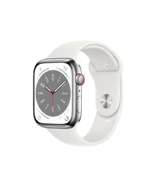 Refurbished Apple Watch Serie 8 | 45mm | Stainless Steel Silber | Weißes Sportarmband | GPS | WiFi + 4G