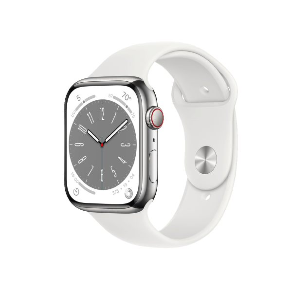 Refurbished Apple Watch Serie 8 | 45mm | Stainless Steel Silber | Weißes Sportarmband | GPS | WiFi + 4G