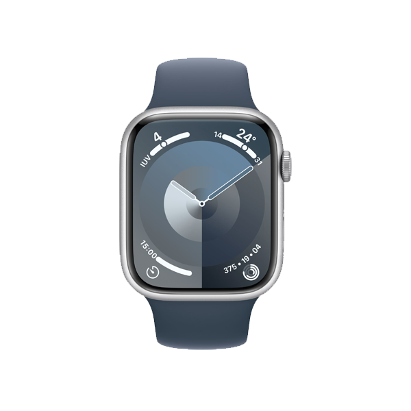 Refurbished Apple Watch Serie 9 | 45mm | Aluminium Silber | Blaues Sportarmband M/L | GPS | WiFi + 4G
