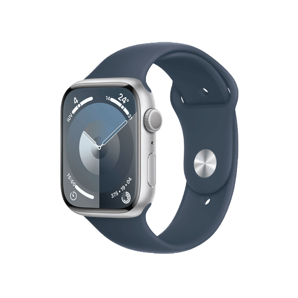 Refurbished Apple Watch Serie 9 | 45mm | Aluminium Silber | Blaues Sportarmband S/M | GPS | WiFi