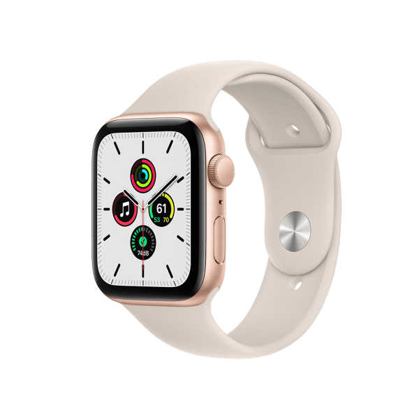 Refurbished Apple Watch Serie SE | 44mm | Aluminium Gold | Starlight Weiß Sportarmband | GPS | WiFi + 4G