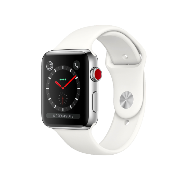 Refurbished Apple Watch Serie 3 | 42mm | Stainless Steel Silber | Weißes Sportarmband | GPS | WiFi